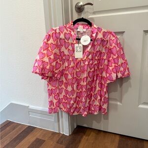 Pink Heart Pattern puff sleeve top